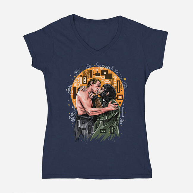 Kiss For The Planet Of The Apes-Womens-V-Neck-Tee-zascanauta