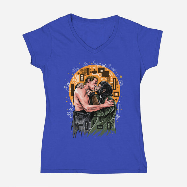 Kiss For The Planet Of The Apes-Womens-V-Neck-Tee-zascanauta