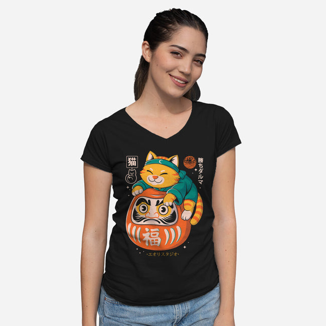 Neko Daruma Hug-Womens-V-Neck-Tee-Eoli Studio