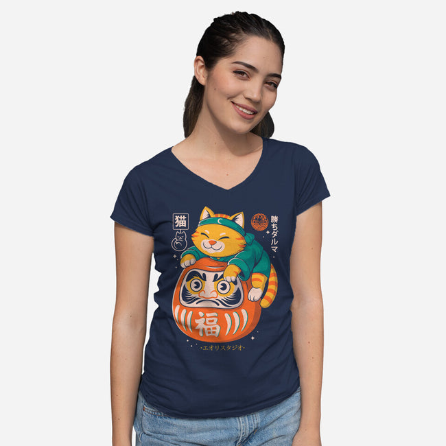 Neko Daruma Hug-Womens-V-Neck-Tee-Eoli Studio
