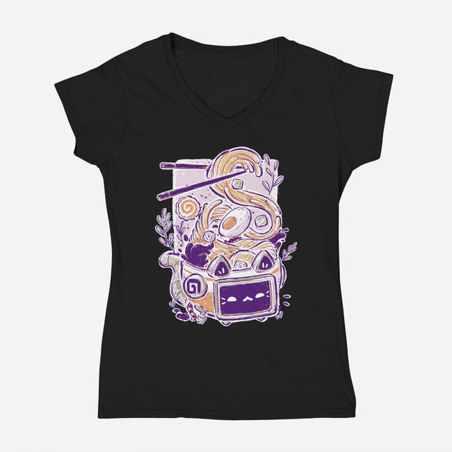 Ramen Robot Cat Bowl-Womens-V-Neck-Tee-xMorfina