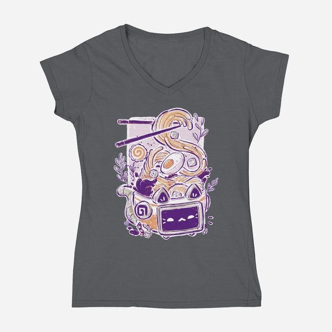 Ramen Robot Cat Bowl-Womens-V-Neck-Tee-xMorfina