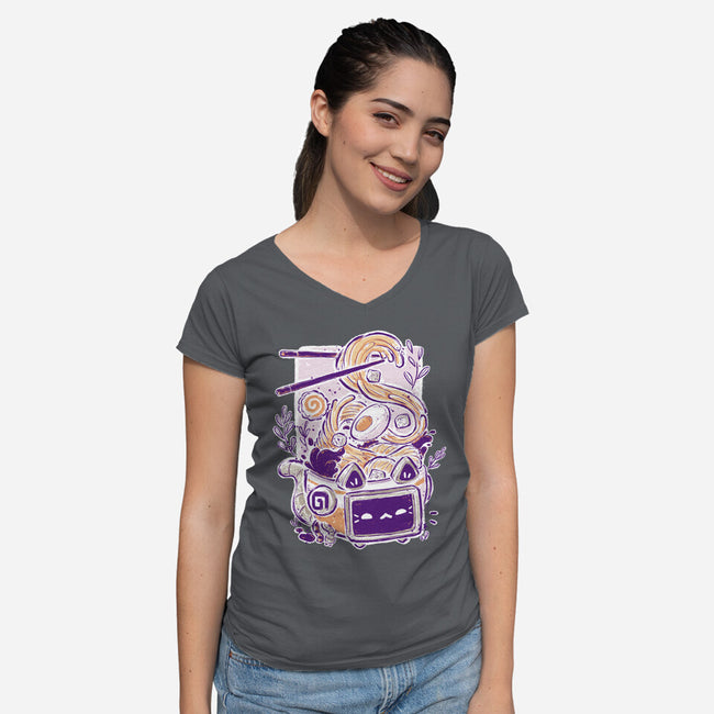 Ramen Robot Cat Bowl-Womens-V-Neck-Tee-xMorfina