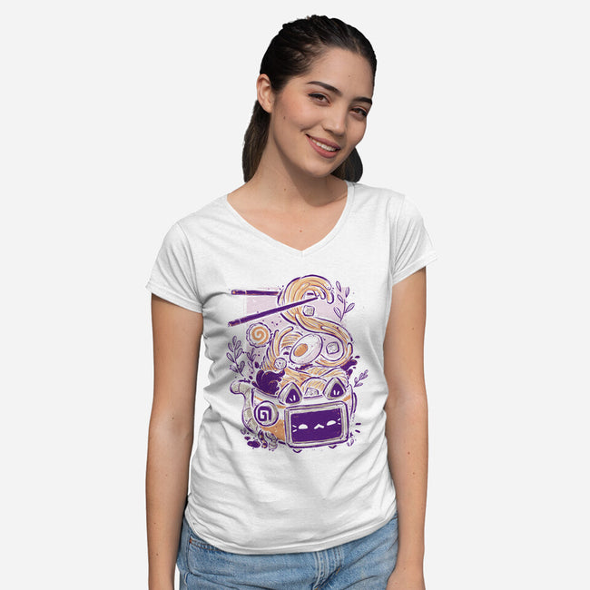 Ramen Robot Cat Bowl-Womens-V-Neck-Tee-xMorfina