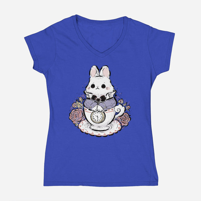 Cute White Rabbit Tea Cup-Womens-V-Neck-Tee-xMorfina