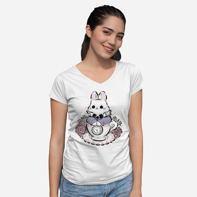 Cute White Rabbit Tea Cup-Womens-V-Neck-Tee-xMorfina