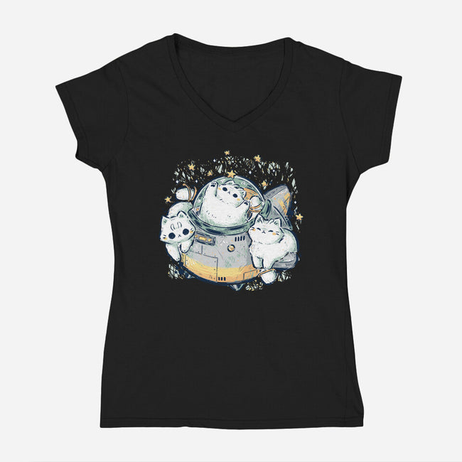 Cute Alien Cats Spaceship-Womens-V-Neck-Tee-xMorfina