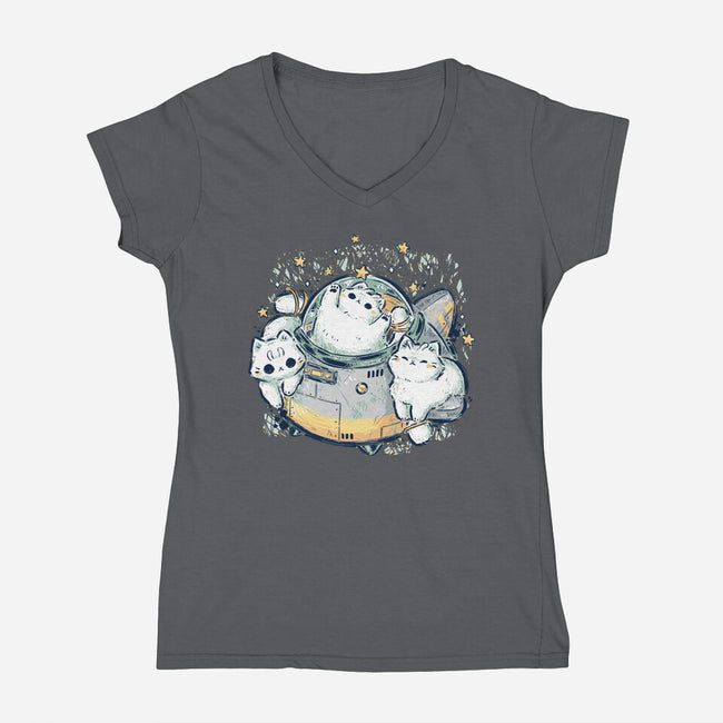 Cute Alien Cats Spaceship-Womens-V-Neck-Tee-xMorfina