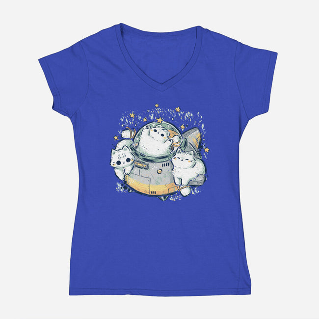 Cute Alien Cats Spaceship-Womens-V-Neck-Tee-xMorfina