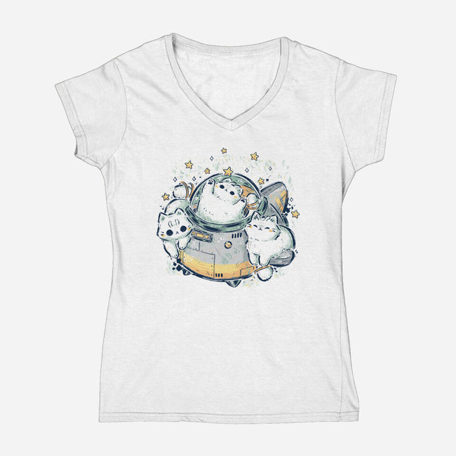 Cute Alien Cats Spaceship-Womens-V-Neck-Tee-xMorfina
