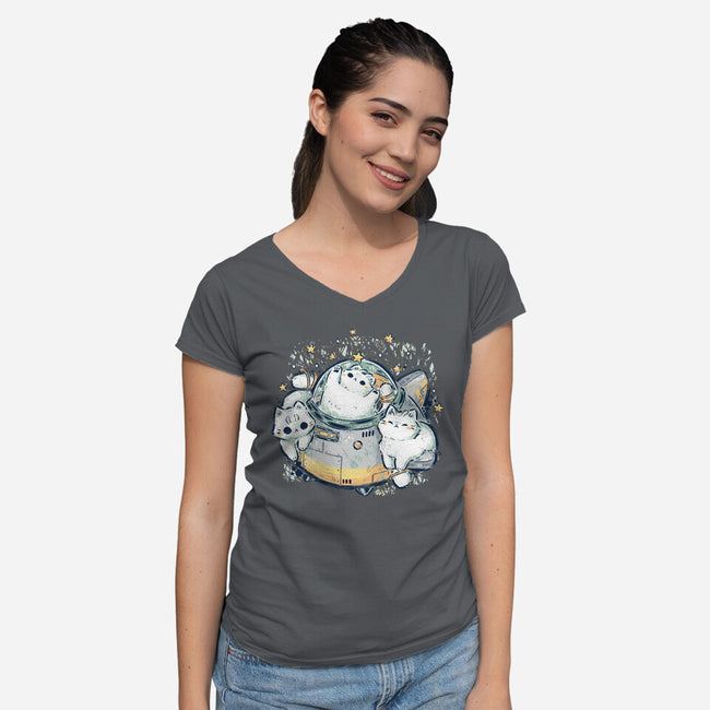 Cute Alien Cats Spaceship-Womens-V-Neck-Tee-xMorfina
