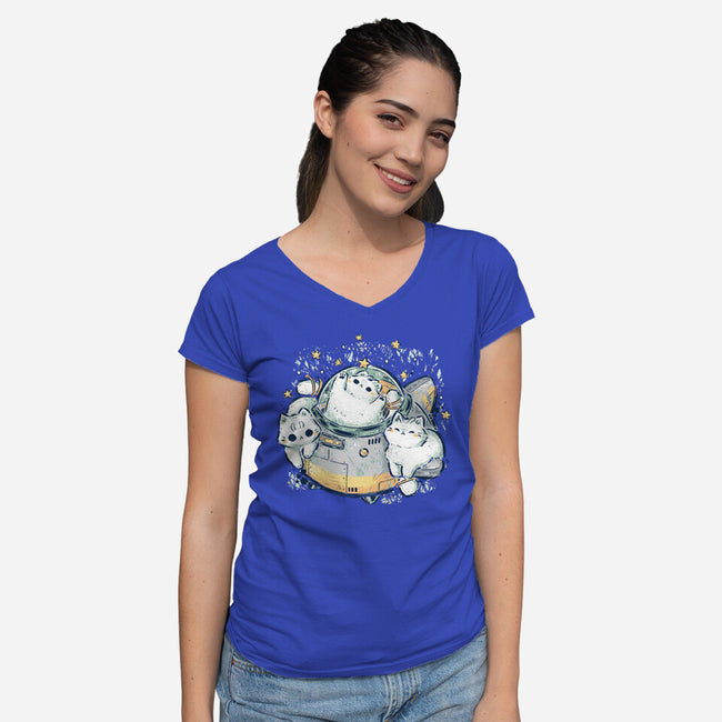 Cute Alien Cats Spaceship-Womens-V-Neck-Tee-xMorfina