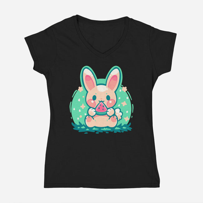 Summer Watermelon Bunny-Womens-V-Neck-Tee-TechraNova