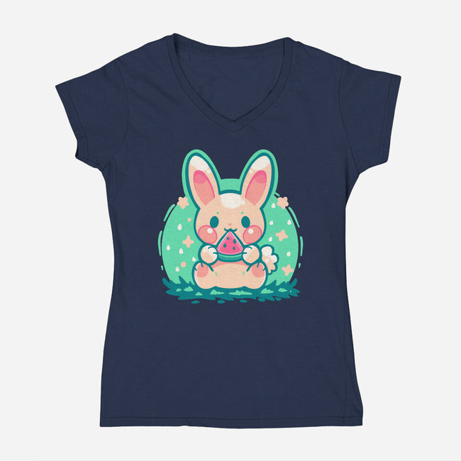 Summer Watermelon Bunny-Womens-V-Neck-Tee-TechraNova