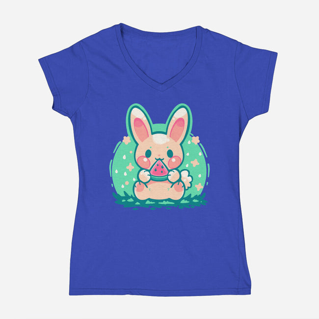 Summer Watermelon Bunny-Womens-V-Neck-Tee-TechraNova