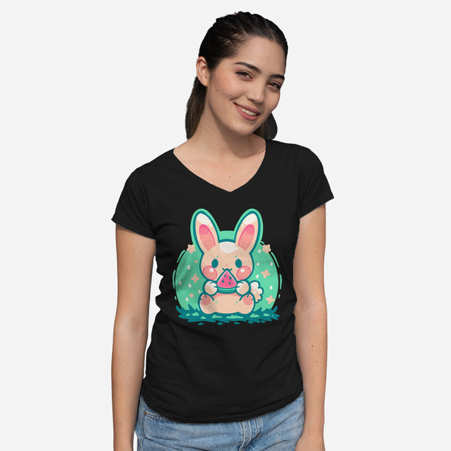 Summer Watermelon Bunny-Womens-V-Neck-Tee-TechraNova