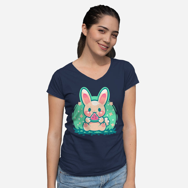 Summer Watermelon Bunny-Womens-V-Neck-Tee-TechraNova