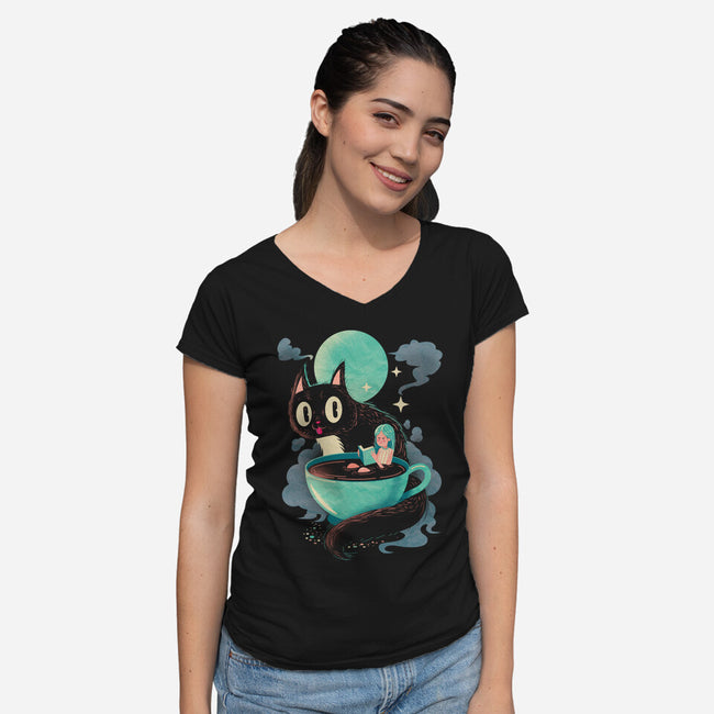 Books Coffee And Giant Cats-Womens-V-Neck-Tee-Chinellatto