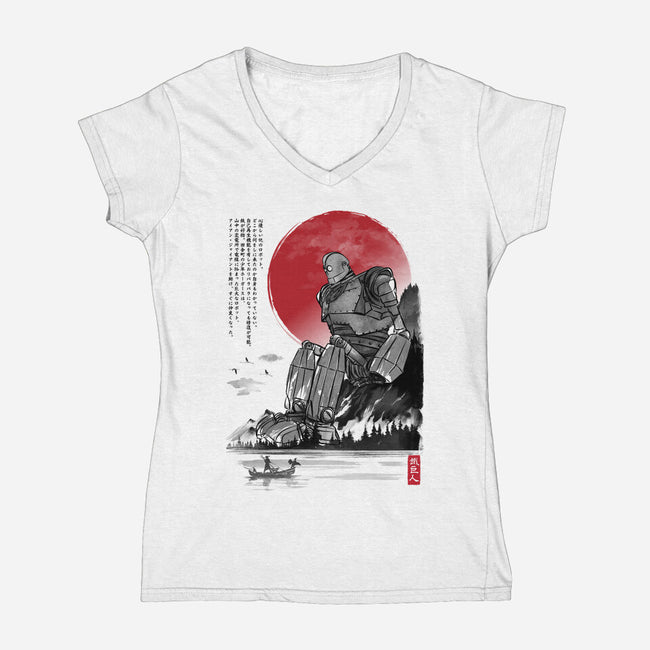 The Iron Giant In Japan Sumi-e-Womens-V-Neck-Tee-DrMonekers