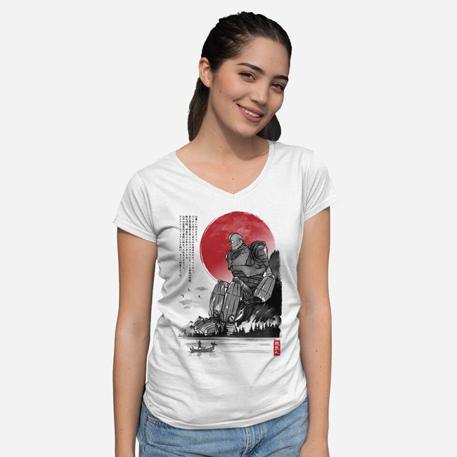 The Iron Giant In Japan Sumi-e-Womens-V-Neck-Tee-DrMonekers