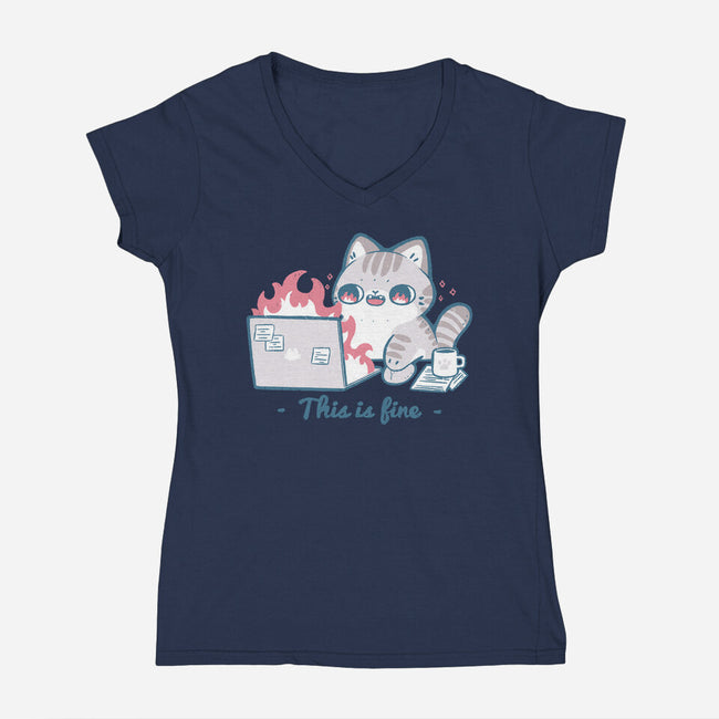 This Is Fine Cat Working-Womens-V-Neck-Tee-xMorfina