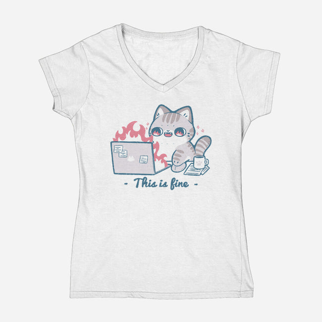 This Is Fine Cat Working-Womens-V-Neck-Tee-xMorfina