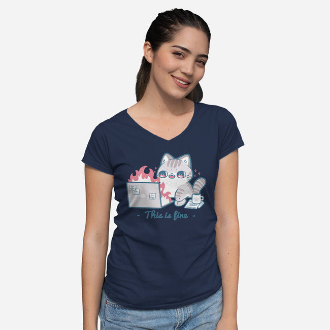 This Is Fine Cat Working-Womens-V-Neck-Tee-xMorfina