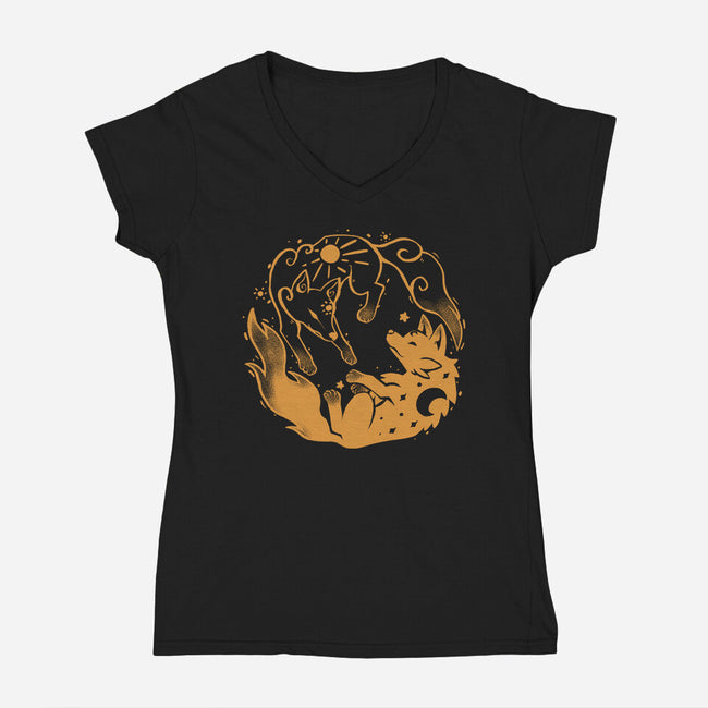 Sun And Moon Golden Wolves-Womens-V-Neck-Tee-TechraNova
