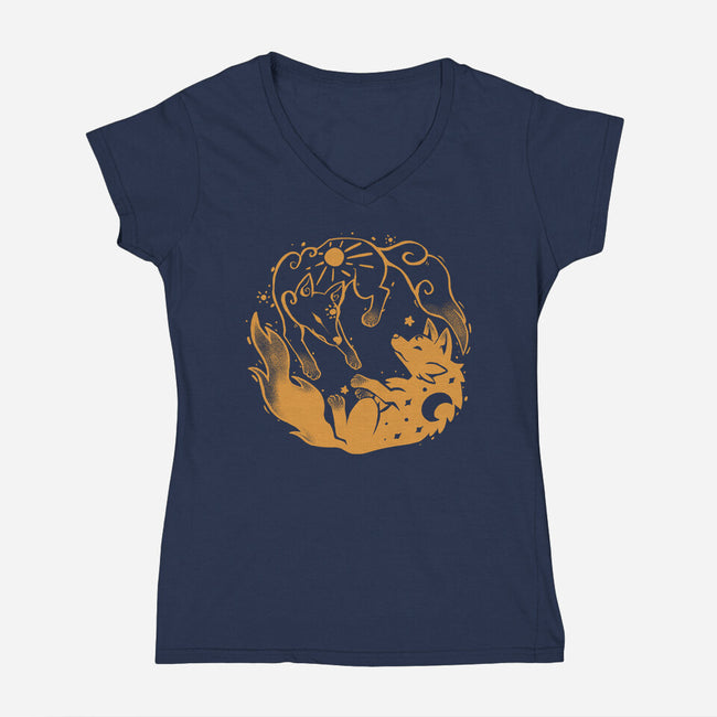 Sun And Moon Golden Wolves-Womens-V-Neck-Tee-TechraNova