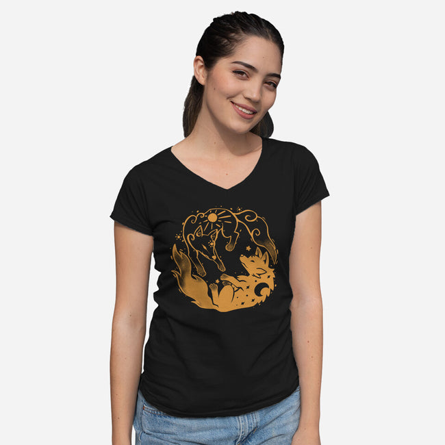 Sun And Moon Golden Wolves-Womens-V-Neck-Tee-TechraNova