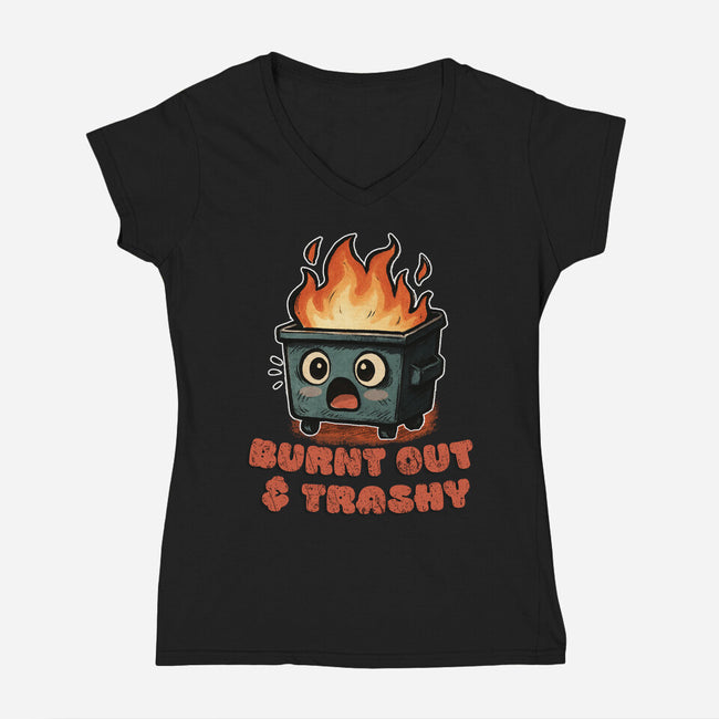 Burnt Out And Trashy-Womens-V-Neck-Tee-Lorets