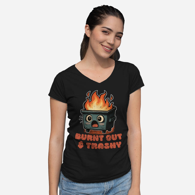 Burnt Out And Trashy-Womens-V-Neck-Tee-Lorets