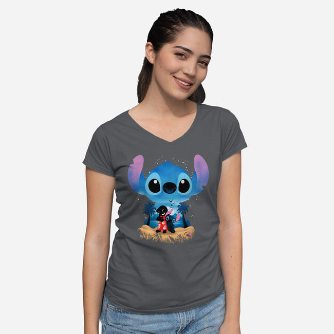 Stitch Beach Illusion-Womens-V-Neck-Tee-Dixie Z