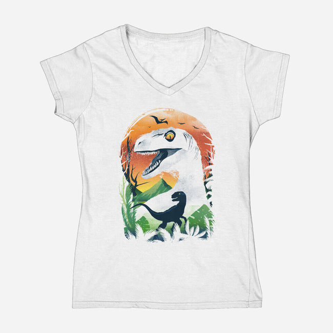 Ukiyo Velociraptor-Womens-V-Neck-Tee-dandingeroz
