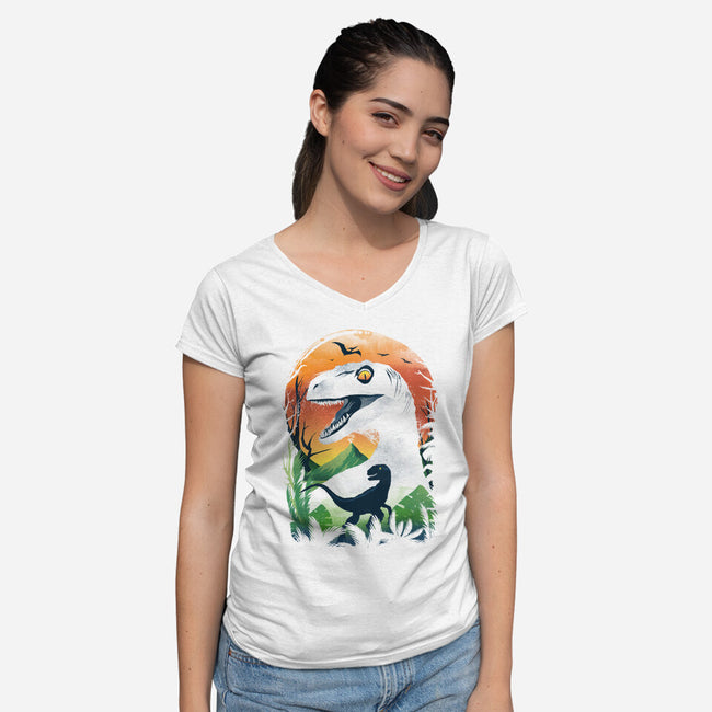 Ukiyo Velociraptor-Womens-V-Neck-Tee-dandingeroz