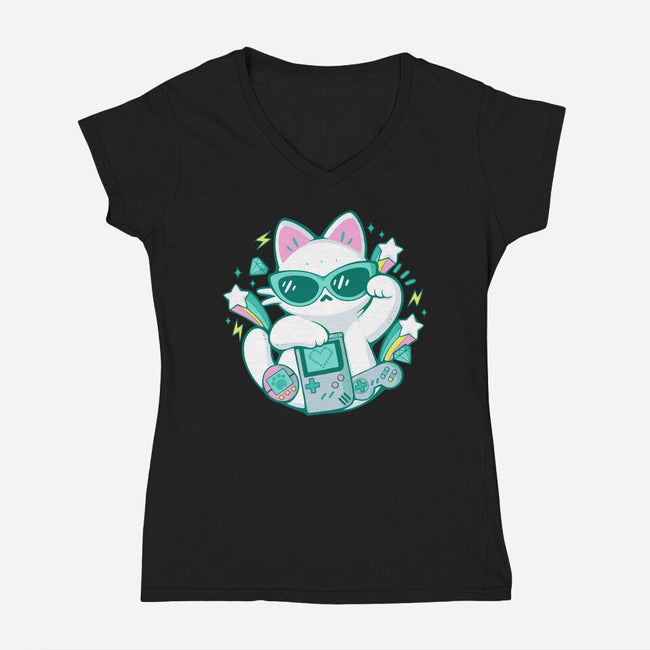 90s Cute Cat-Womens-V-Neck-Tee-xMorfina