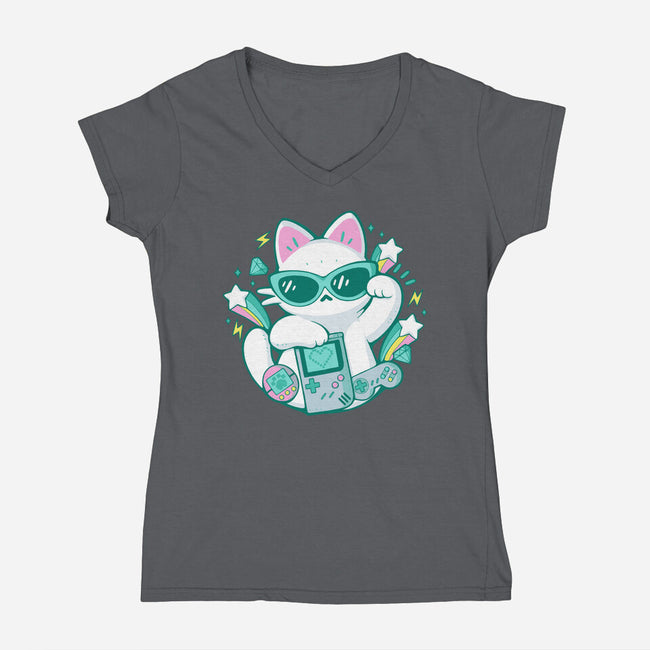 90s Cute Cat-Womens-V-Neck-Tee-xMorfina