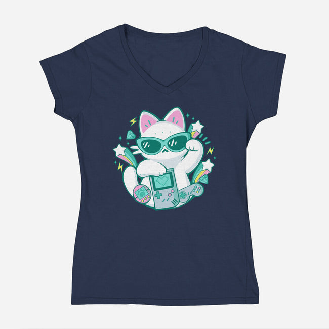 90s Cute Cat-Womens-V-Neck-Tee-xMorfina