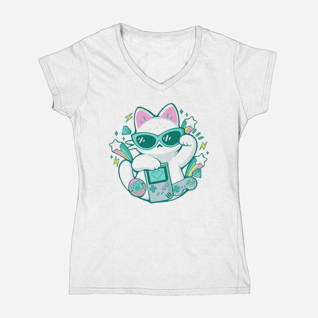 90s Cute Cat-Womens-V-Neck-Tee-xMorfina