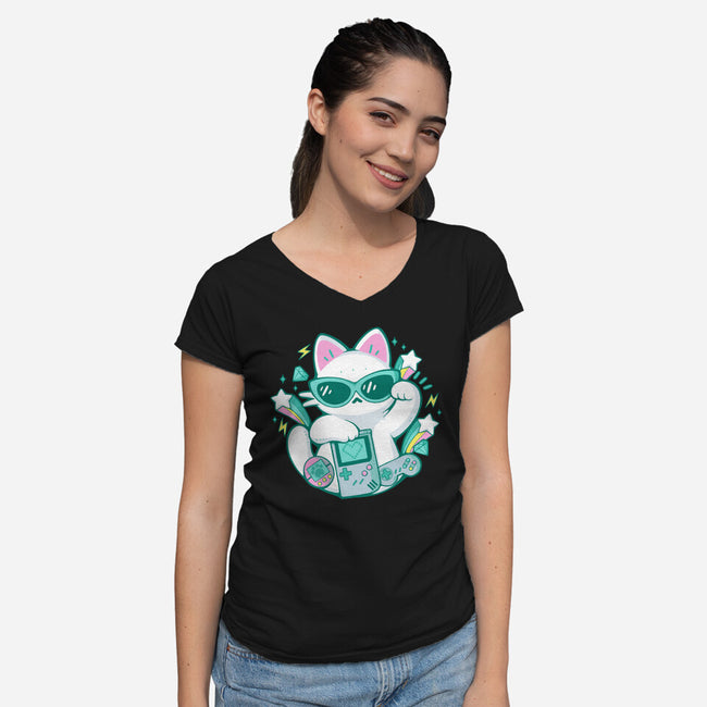 90s Cute Cat-Womens-V-Neck-Tee-xMorfina