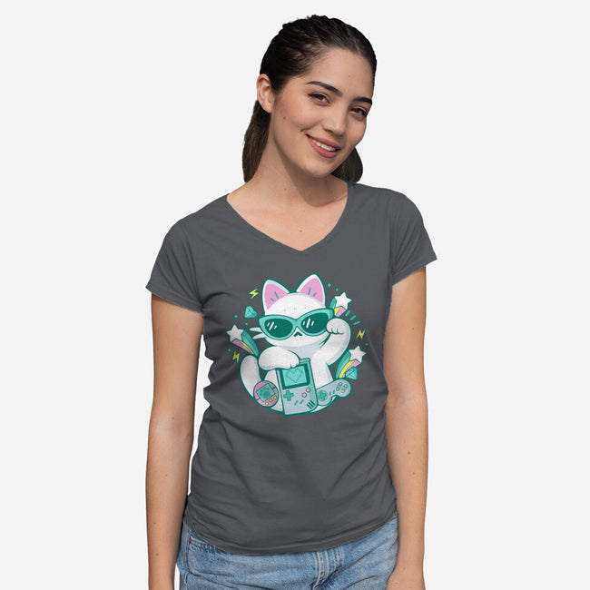 90s Cute Cat-Womens-V-Neck-Tee-xMorfina