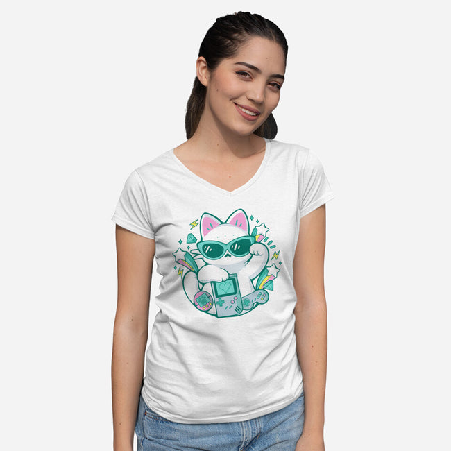90s Cute Cat-Womens-V-Neck-Tee-xMorfina