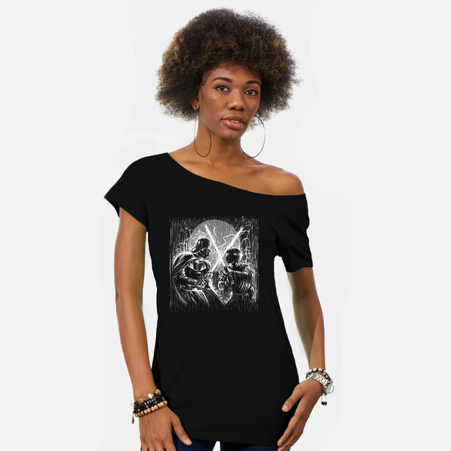 Father And Son Under The Rain-Womens-Off Shoulder-Tee-zascanauta