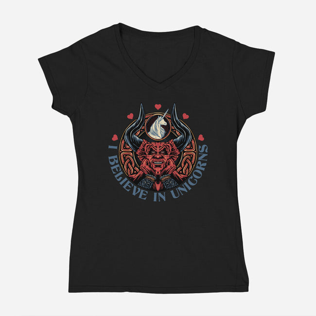 Unicorn Believer-Womens-V-Neck-Tee-glitchygorilla
