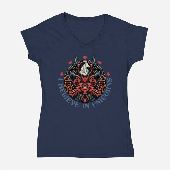 Unicorn Believer-Womens-V-Neck-Tee-glitchygorilla