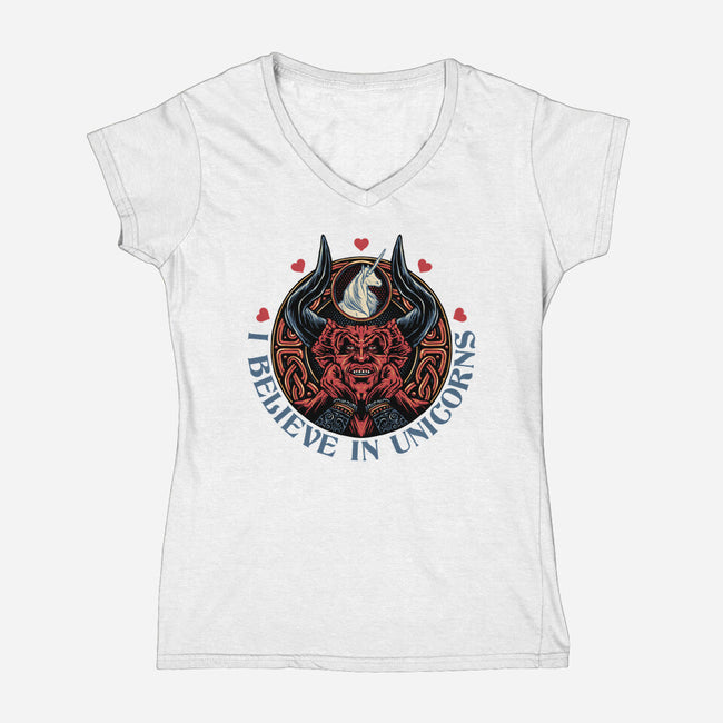 Unicorn Believer-Womens-V-Neck-Tee-glitchygorilla
