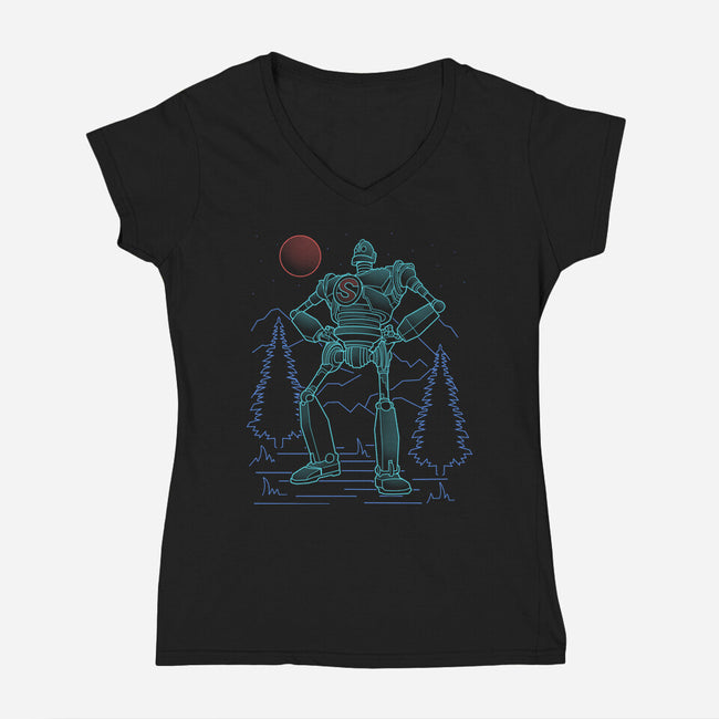 Iron Colossal Neon Lineart-Womens-V-Neck-Tee-Astrobot Invention