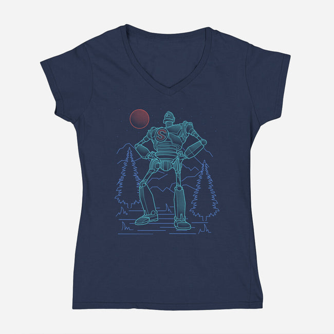 Iron Colossal Neon Lineart-Womens-V-Neck-Tee-Astrobot Invention