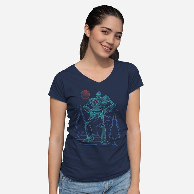 Iron Colossal Neon Lineart-Womens-V-Neck-Tee-Astrobot Invention