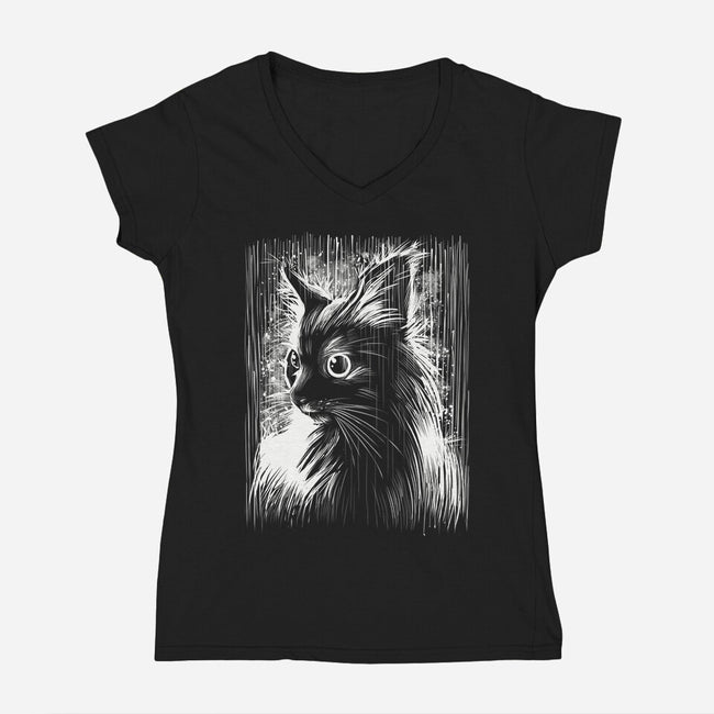 Cat Under The Rain-Womens-V-Neck-Tee-zascanauta